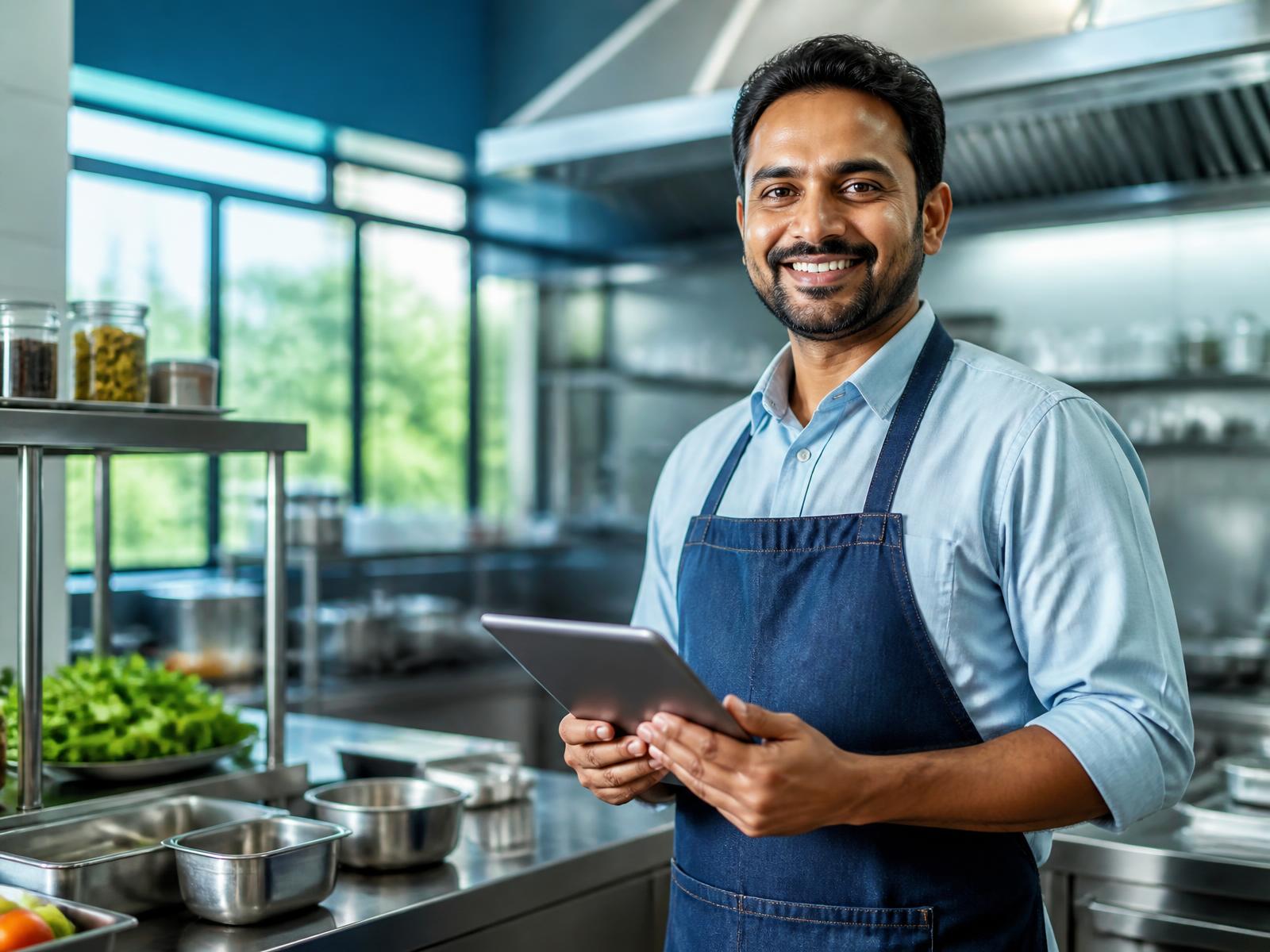 Food business owner reviewing an FSSAI licence application on a tablet
